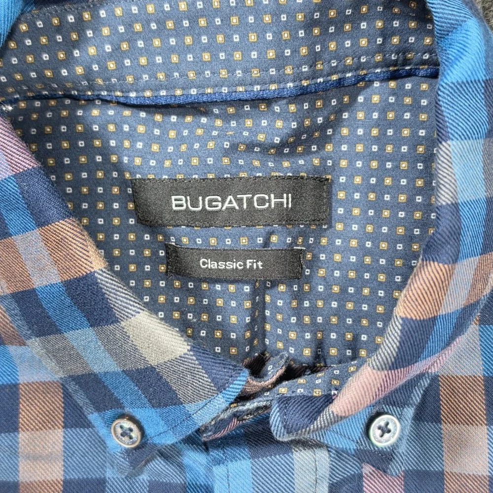 Bugatchi Button Down Shirt Mens L Blue Orange Plaid Excellent Classic Fit Cotton